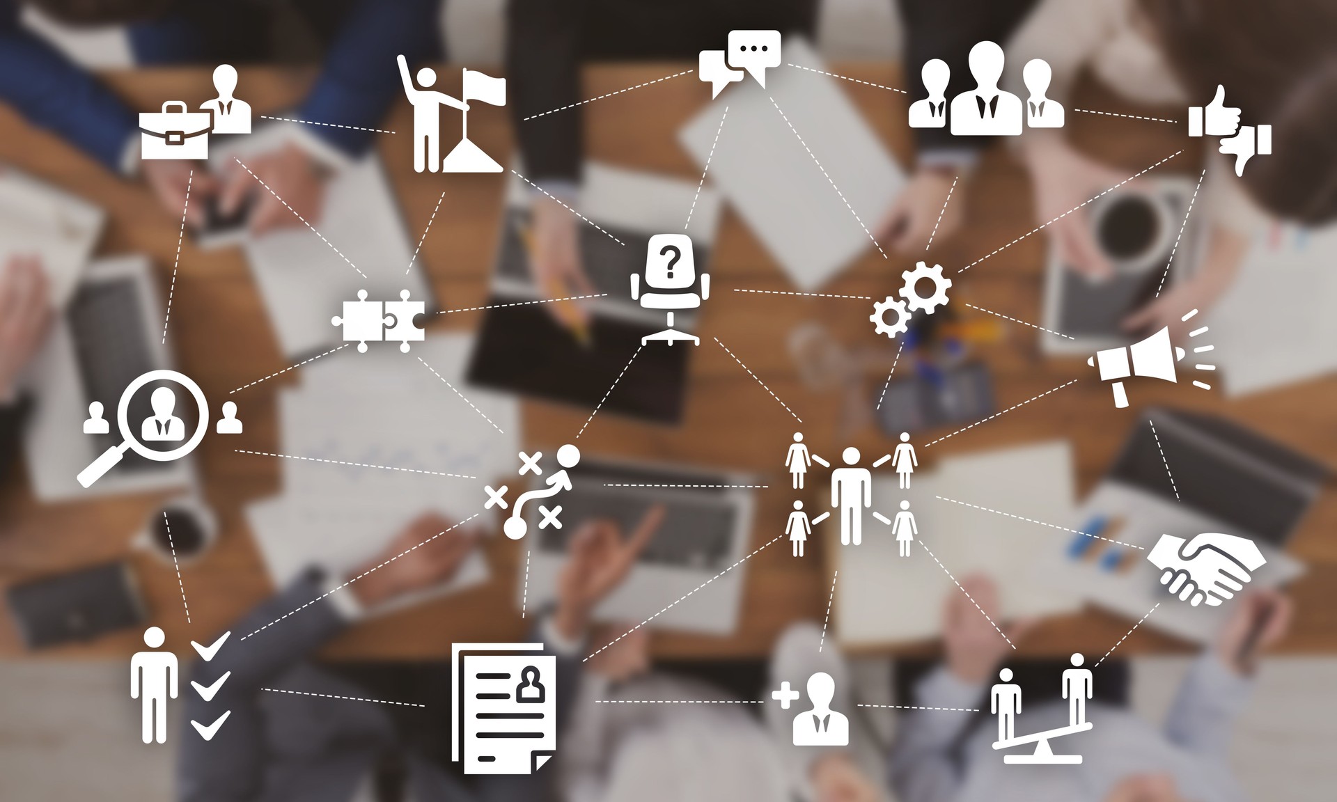 Business Networking Collage With Icons, Above-View Of Desk During Meeting