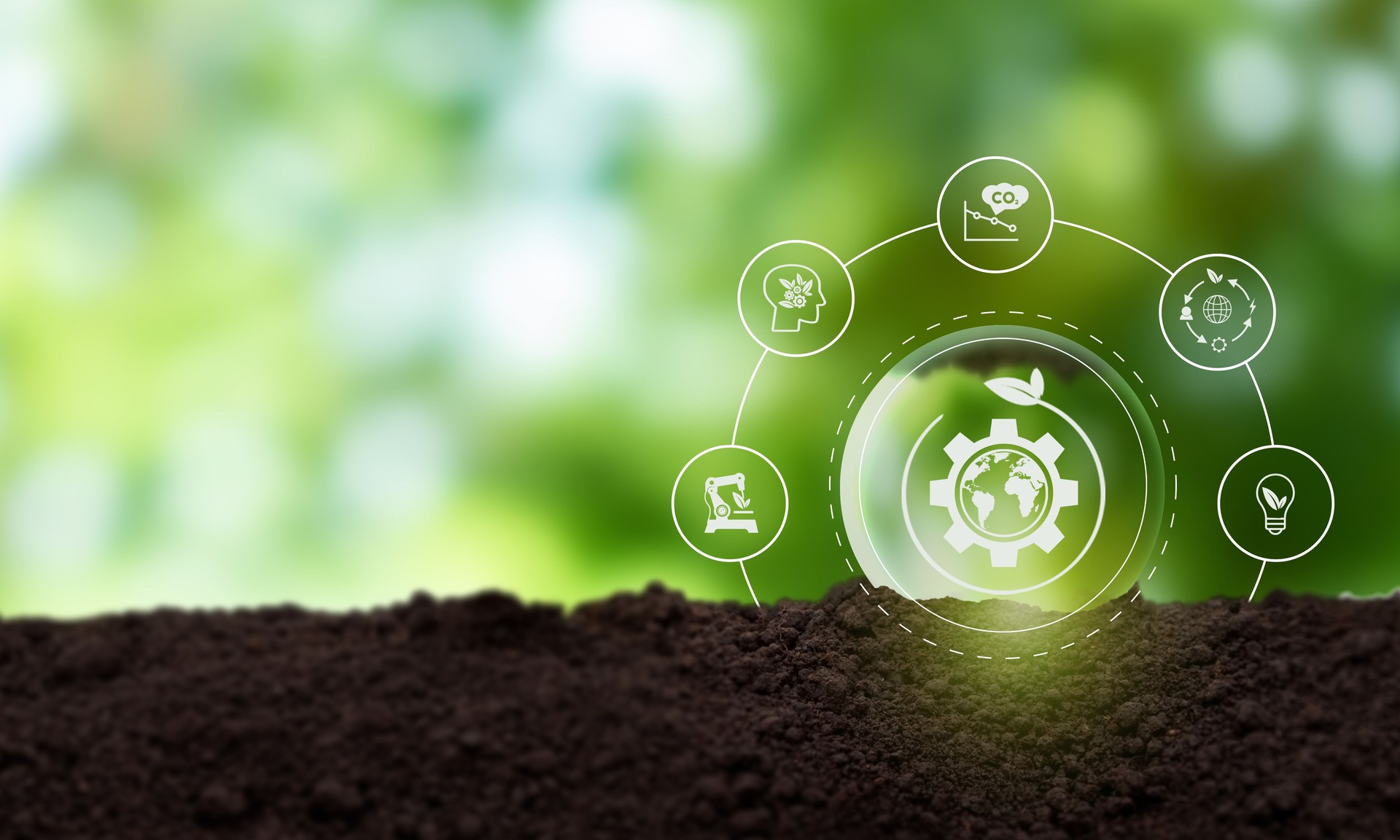 Natural climate solutions concept. Action for avoid greenhouse gas emissions and increase carbon storage in forests, grassland and wetlands. Gears and globe with leafs on nature background.